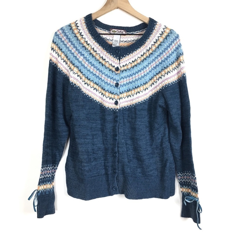TIARA Cardigan Sweater Fair Isle Ribbon Bows Velvet Fairycore Cottagecore Large